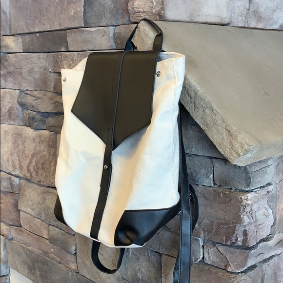 DEUX LUX |Cream Canvas Black Faux Leather Backpack Eco-Friendly Vegan Bag Unisex - Picture 3 of 10
